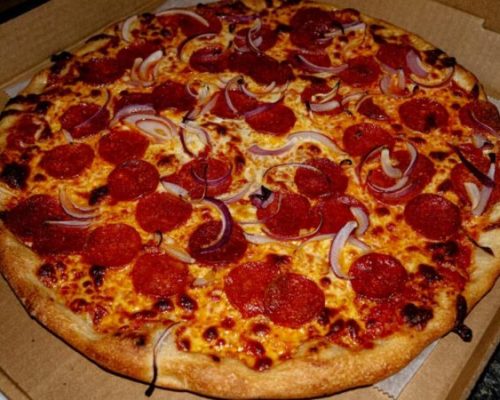 Pepperoni and onion pizza from Slider's in Rensselaer